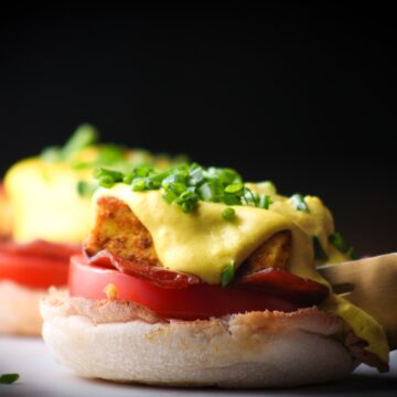 tofu Benedict with chives on top and cashew hollandaise sauce.