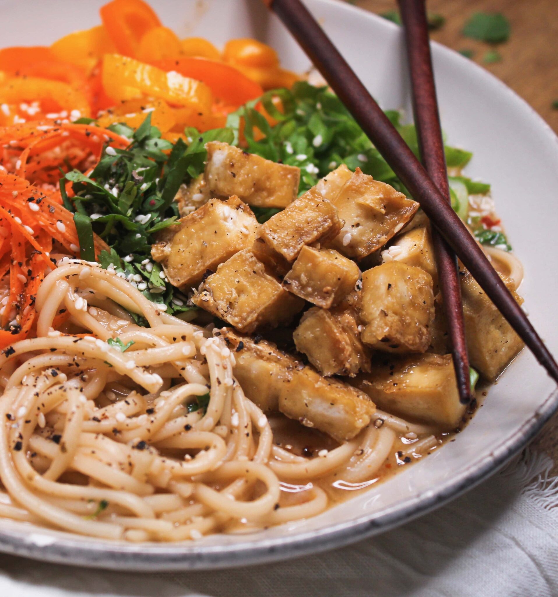 close up of baked tofu, noodles and vegetables in broth.