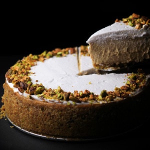 close up of pistachio cheesecake