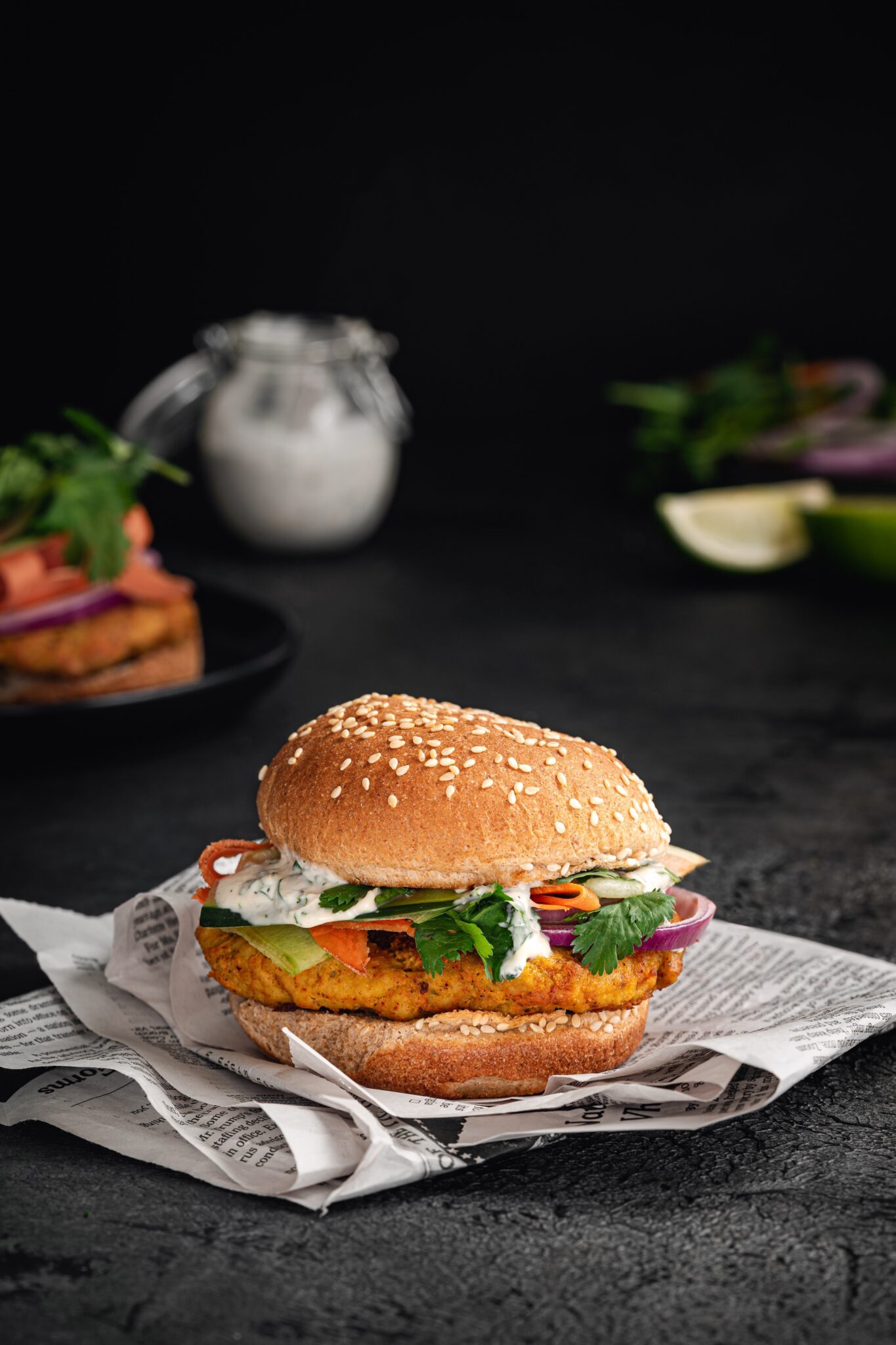 tandoori chicken sandwich with fresh veggies and sauce