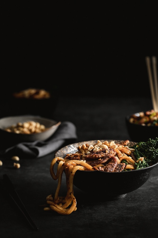 Bowl of Thick Udon Noodles with Marinaded Soy Curls and Vegetables