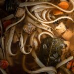 chicken noodle soup close up.