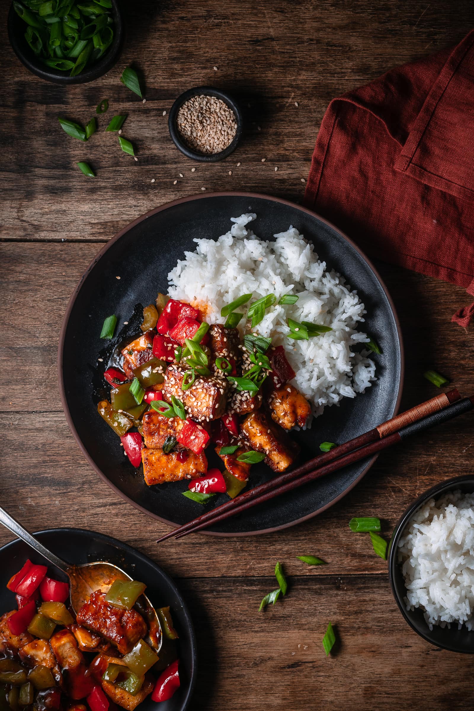 Sweet Chili Tofu served with Jasmine rice, veggies and scallions.