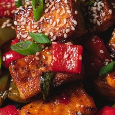 Close up shot of sweet chili tofu.