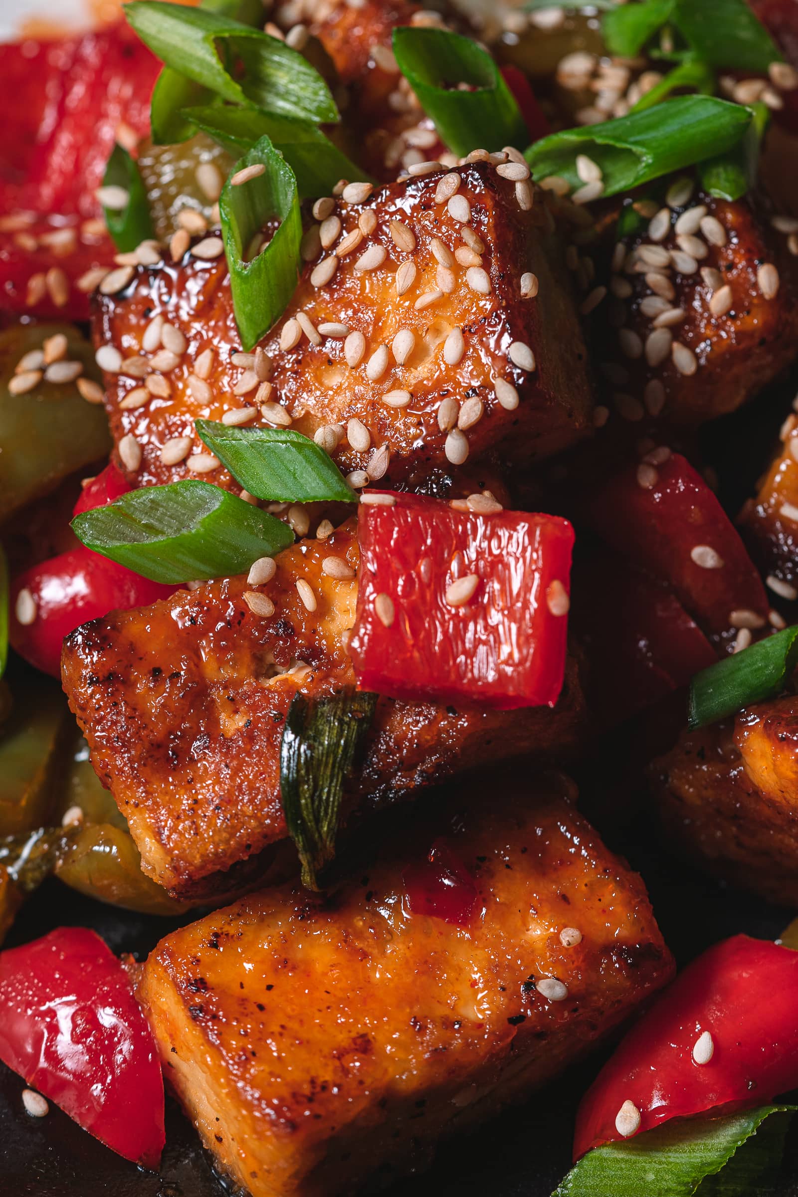 Close up shot of sweet chili tofu.
