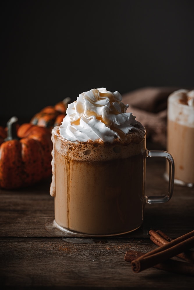 Pumpkin spice latte with coconut whip and caramel drizzle. 