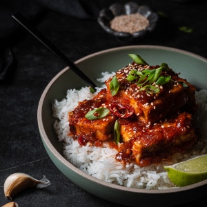 Braised gochujang tofu served over rice garnished with scallions.