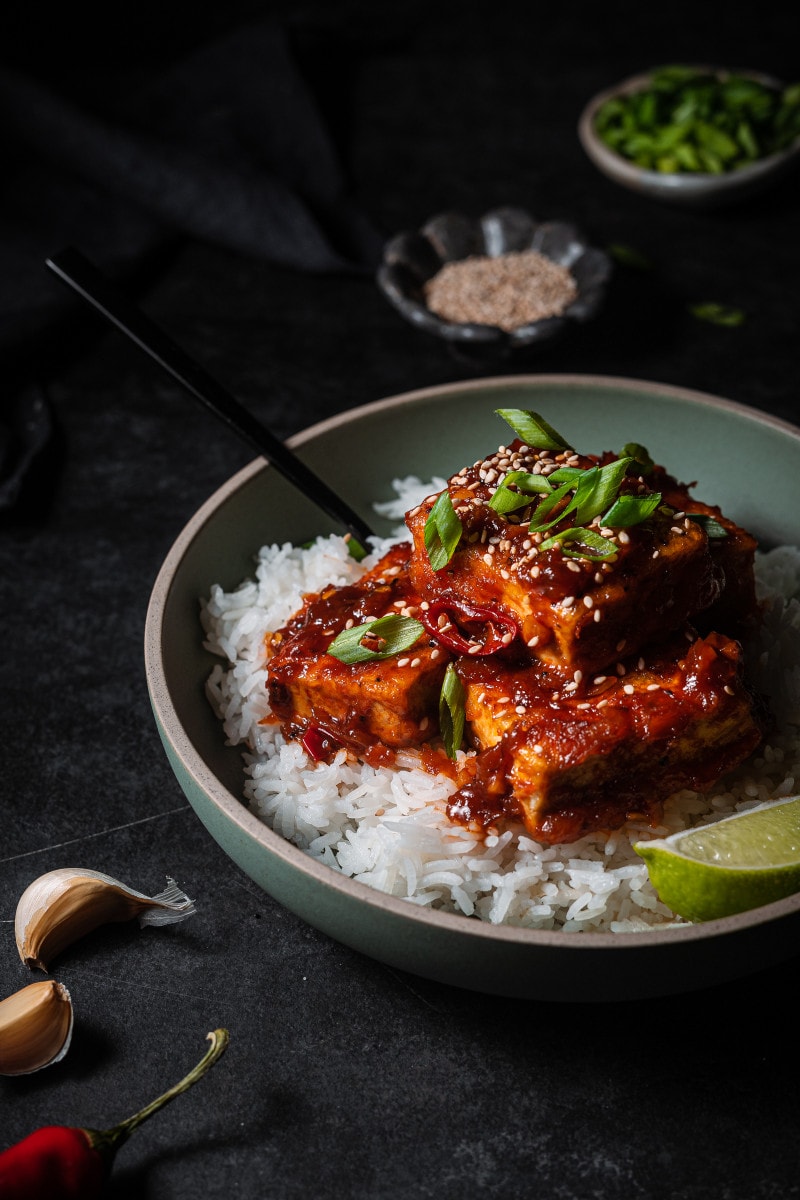 Braised gochujang tofu served over rice garnished with scallions.