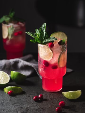 Close up shot of a cranberry mint mojito