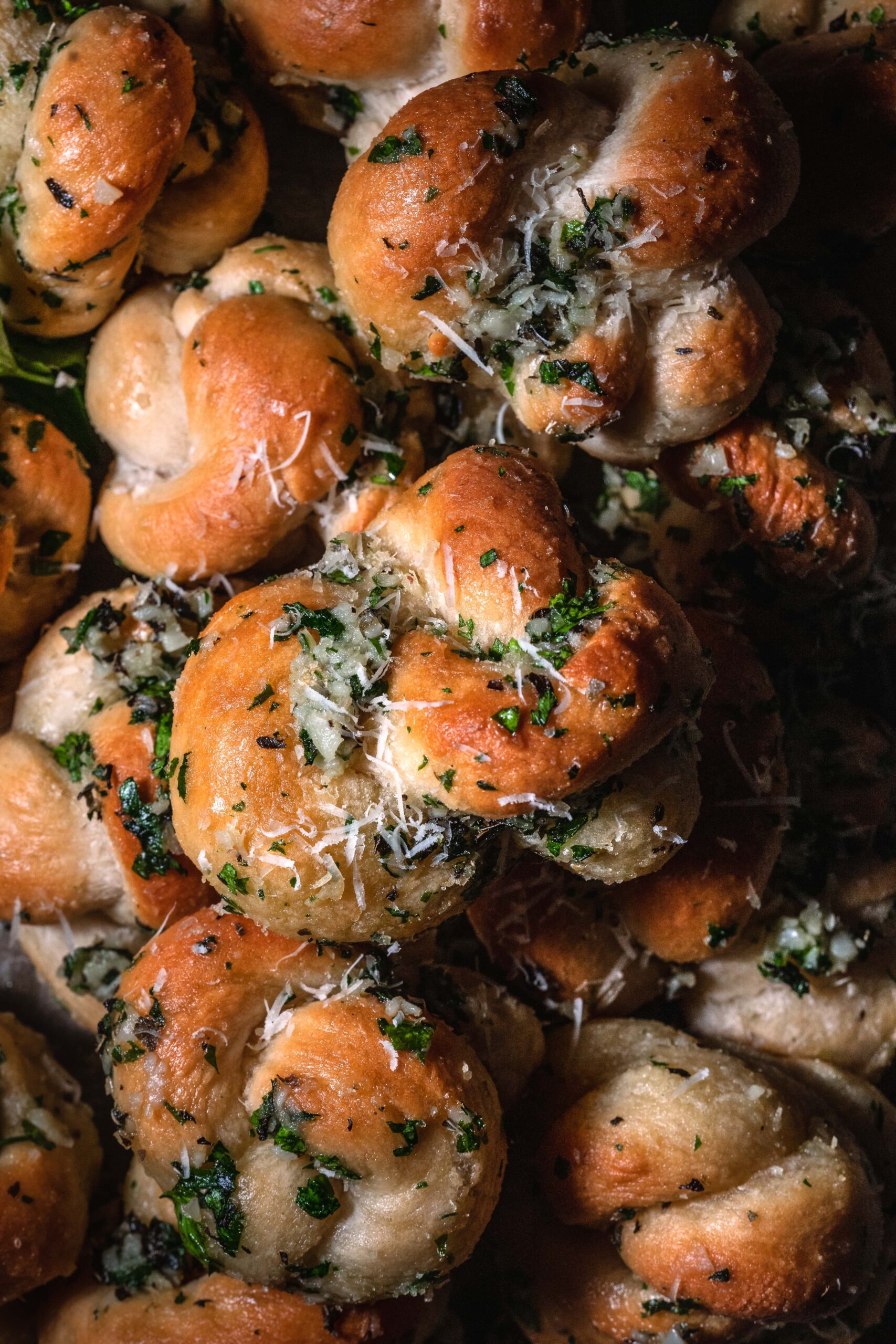 close up shot of garlic knots.