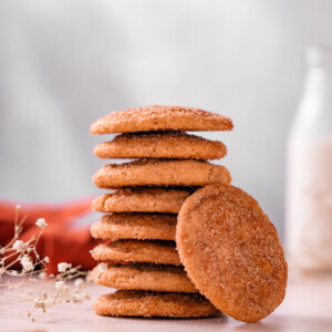 Vegan snickerdoodle cookies stacked.