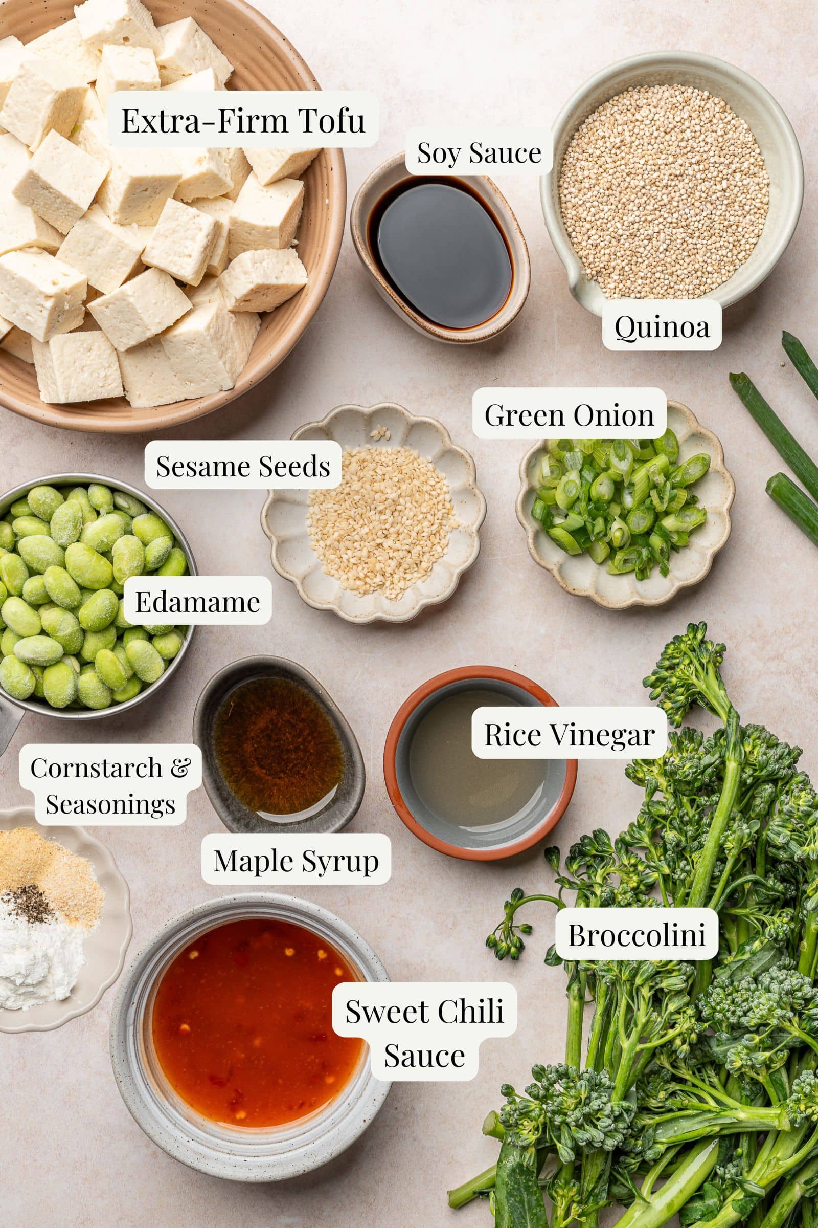 Labeled ingredients for sweet chili tofu.