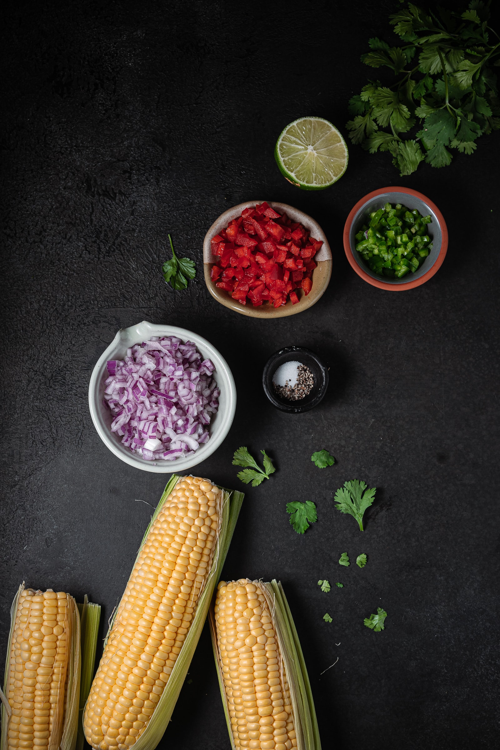 corn, red onion, cilantro, jalapeños lined up for an ingredient shot