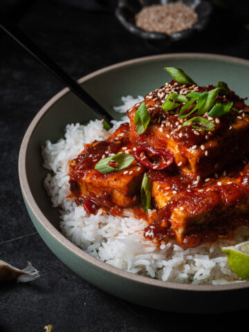 Gochujang tofu over jasmine rice, topped with green onions.