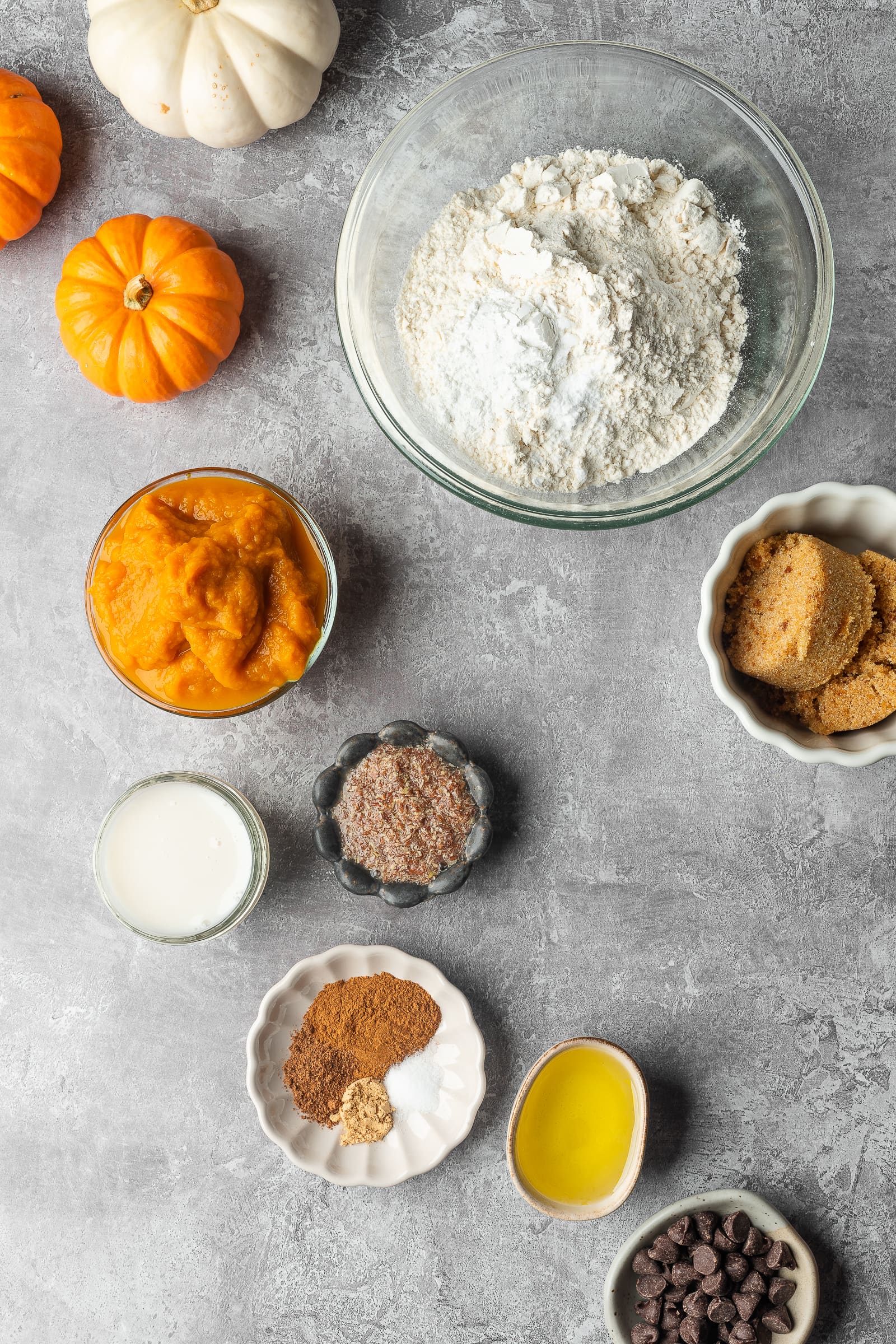 Pumpkin chip bread ingredients on a gray background.