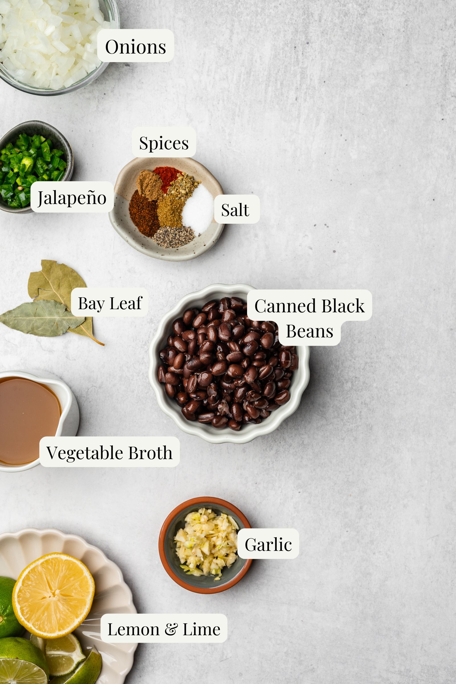 Labeled ingredients for chipotle black beans.