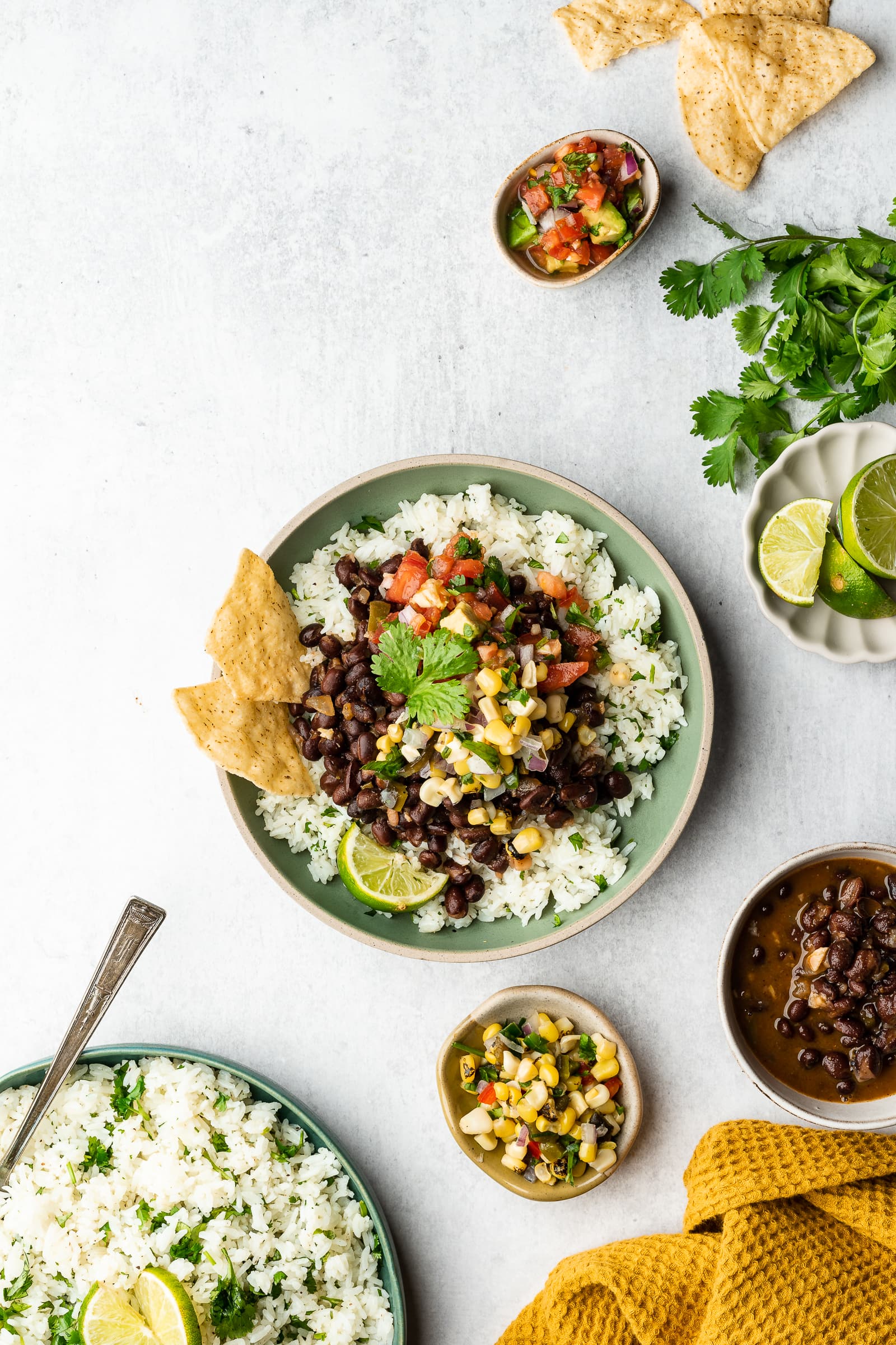 Cilantro lime rice, black beans, and salsa in a shallow bowl.