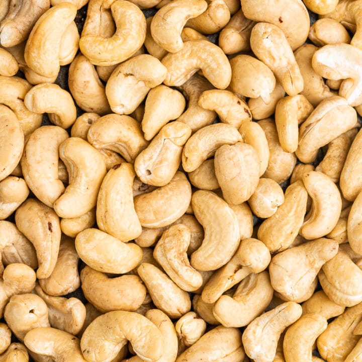 Close up of whole cashews.