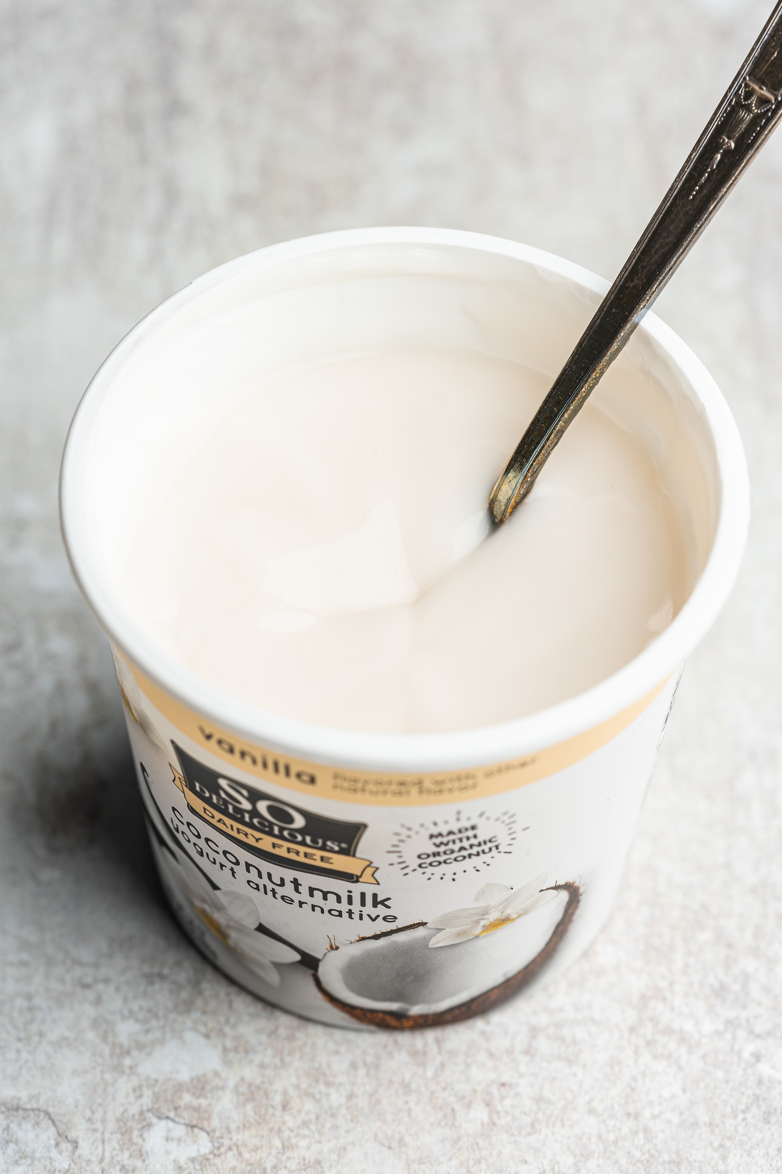 Coconut milk yogurt close up.