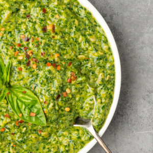 Close up of nut-free pesto.