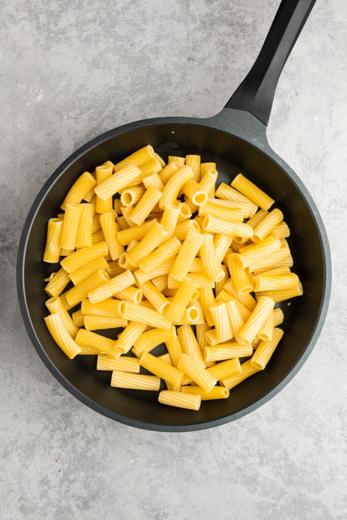 Cooked pasta in a pan.