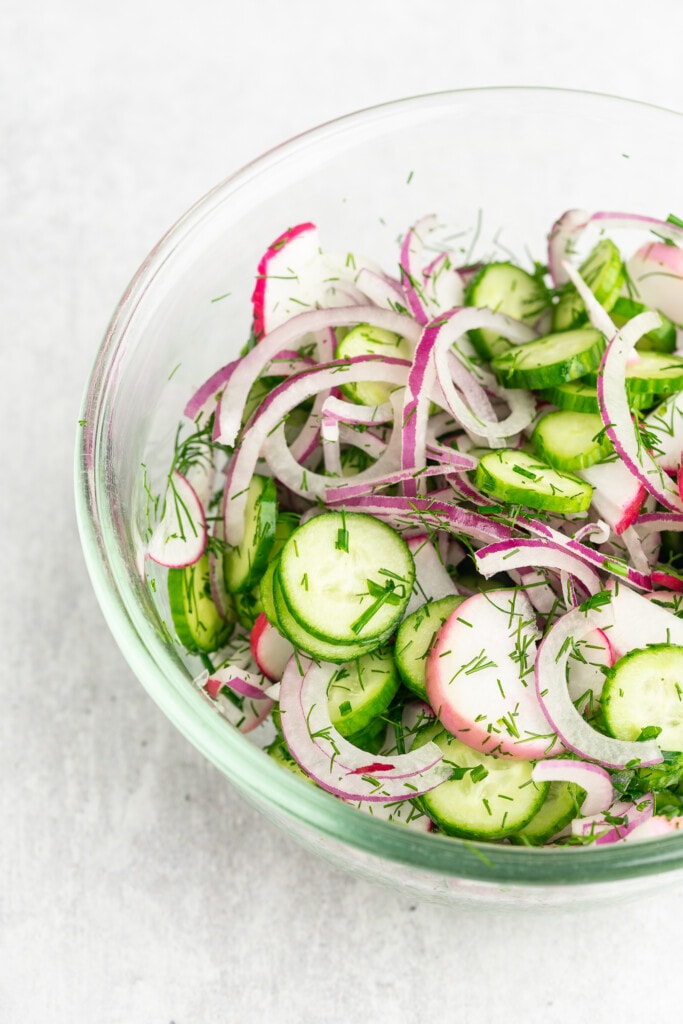 Cucumber salad before being mixed with yogurt sauce.