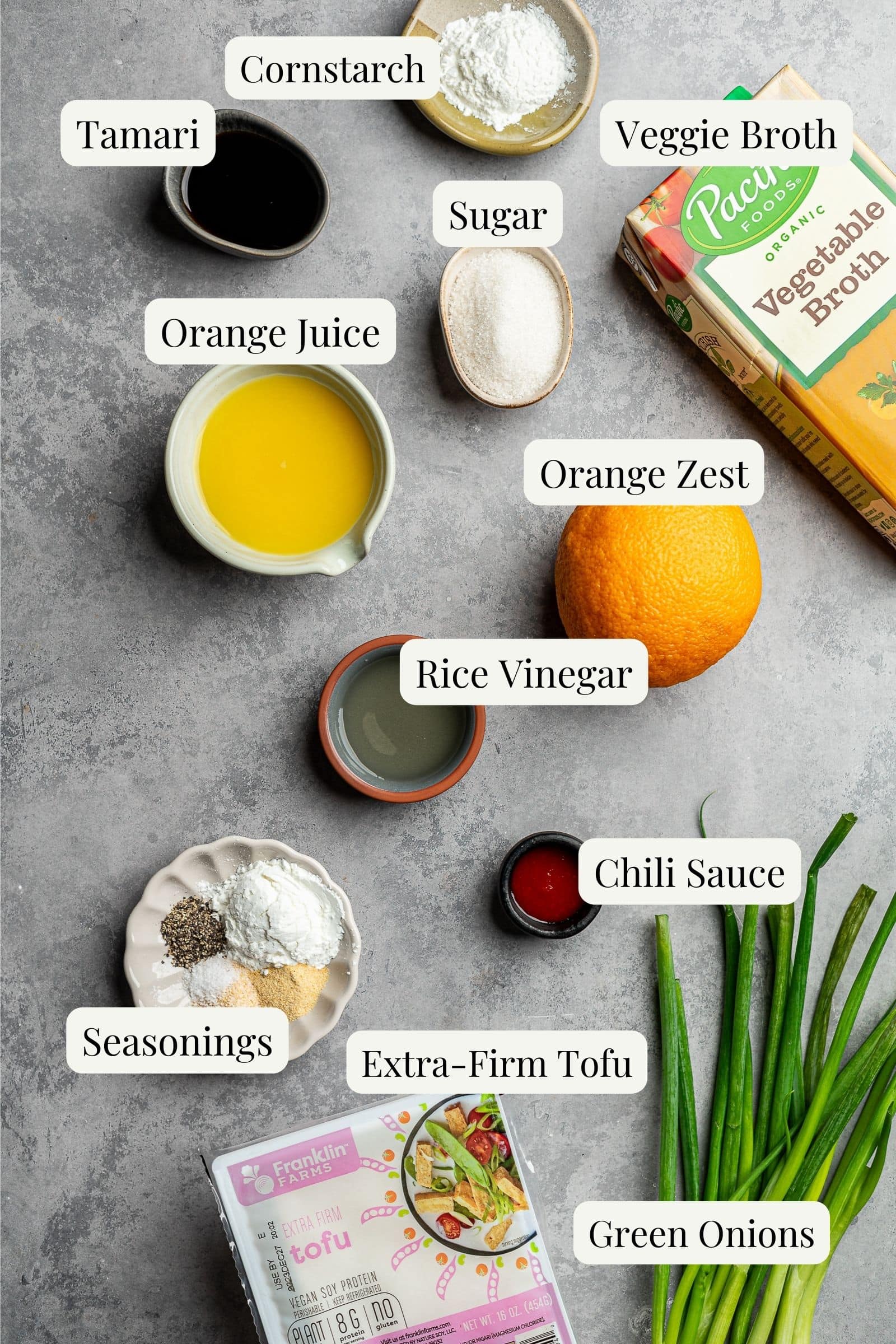 Ingredients for orange tofu labeled.