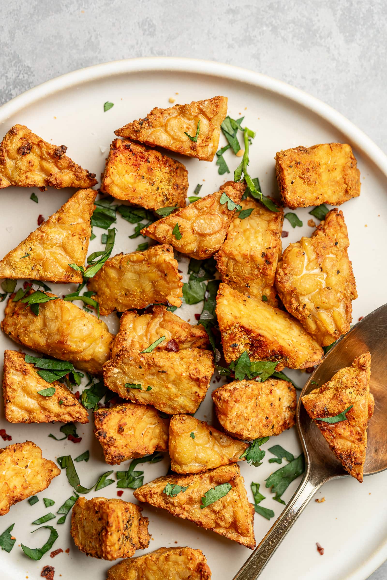Crispy air fryer tempeh on a plate with cilantro.