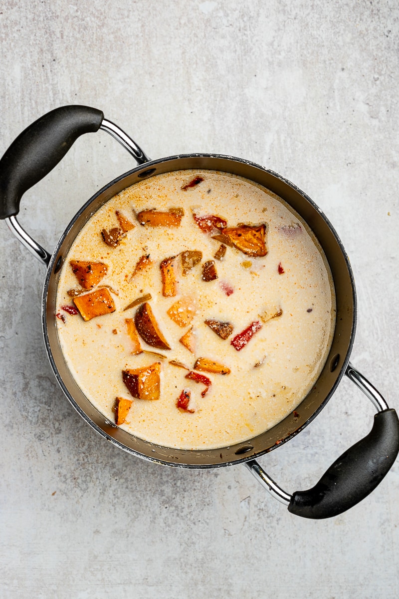 Red pepper and sweet potato soup before being puréed.