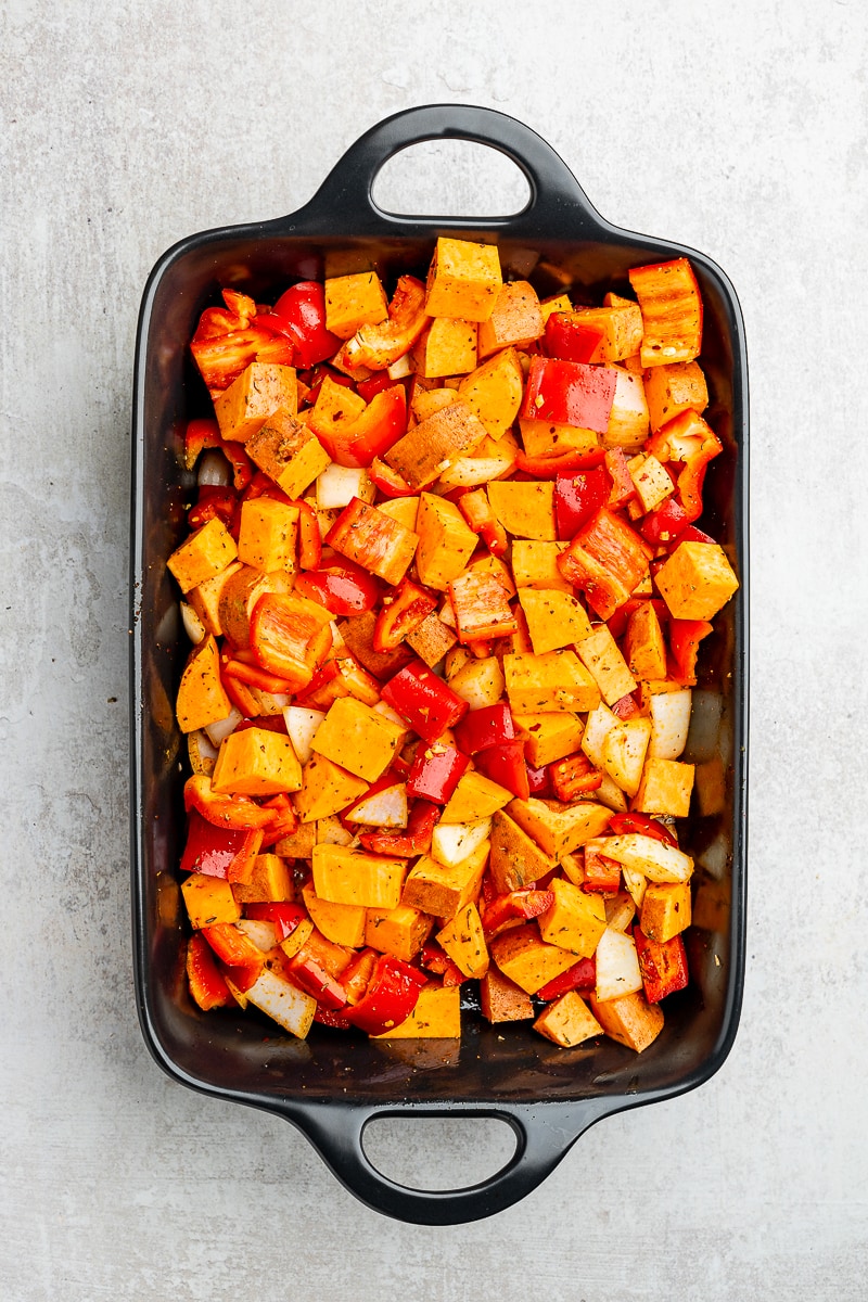 Chopped vegetables before roasting.