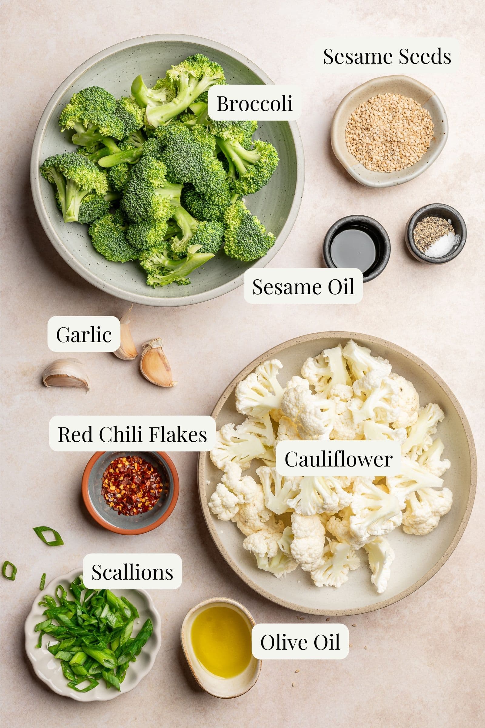 Labeled ingredients for air fried broccoli and cauliflower.