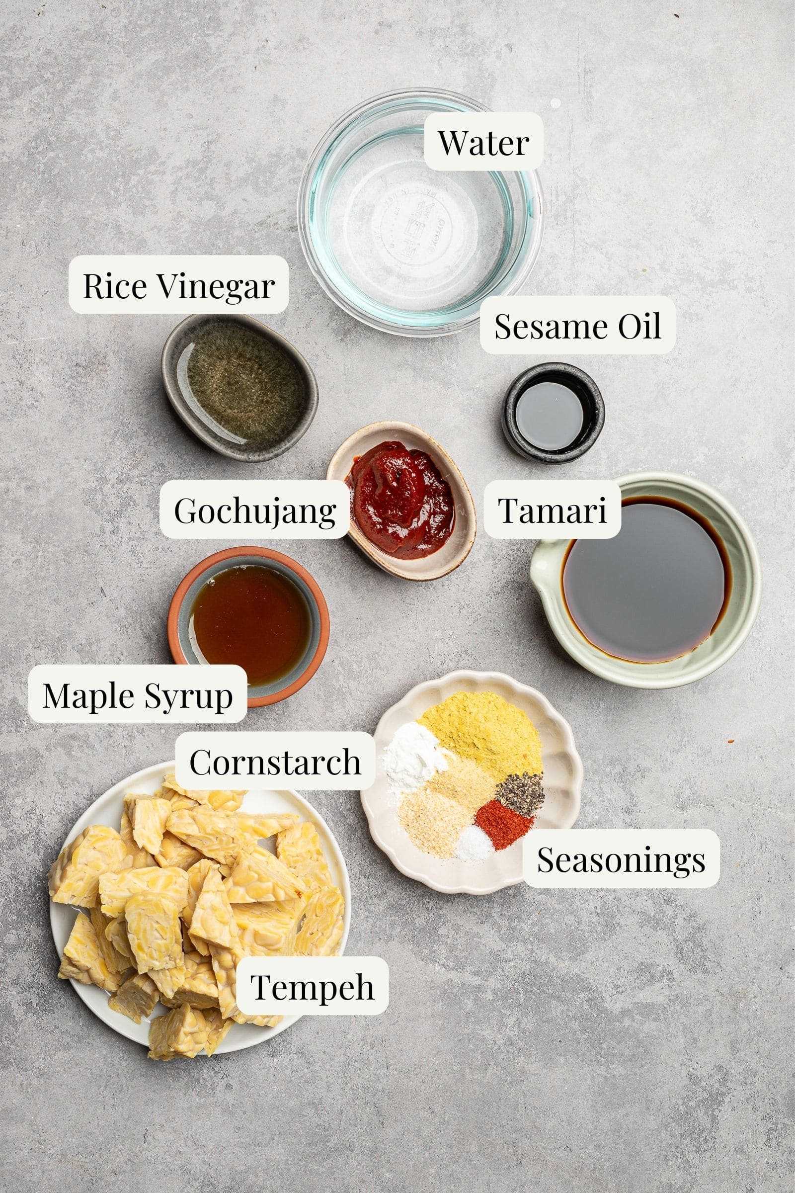 Labeled ingredients for gochujang sauce and crispy tofu.