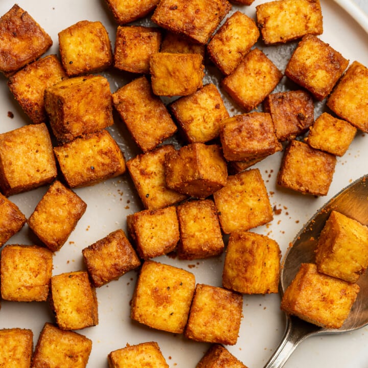 Crispy air fryer tofu close up.
