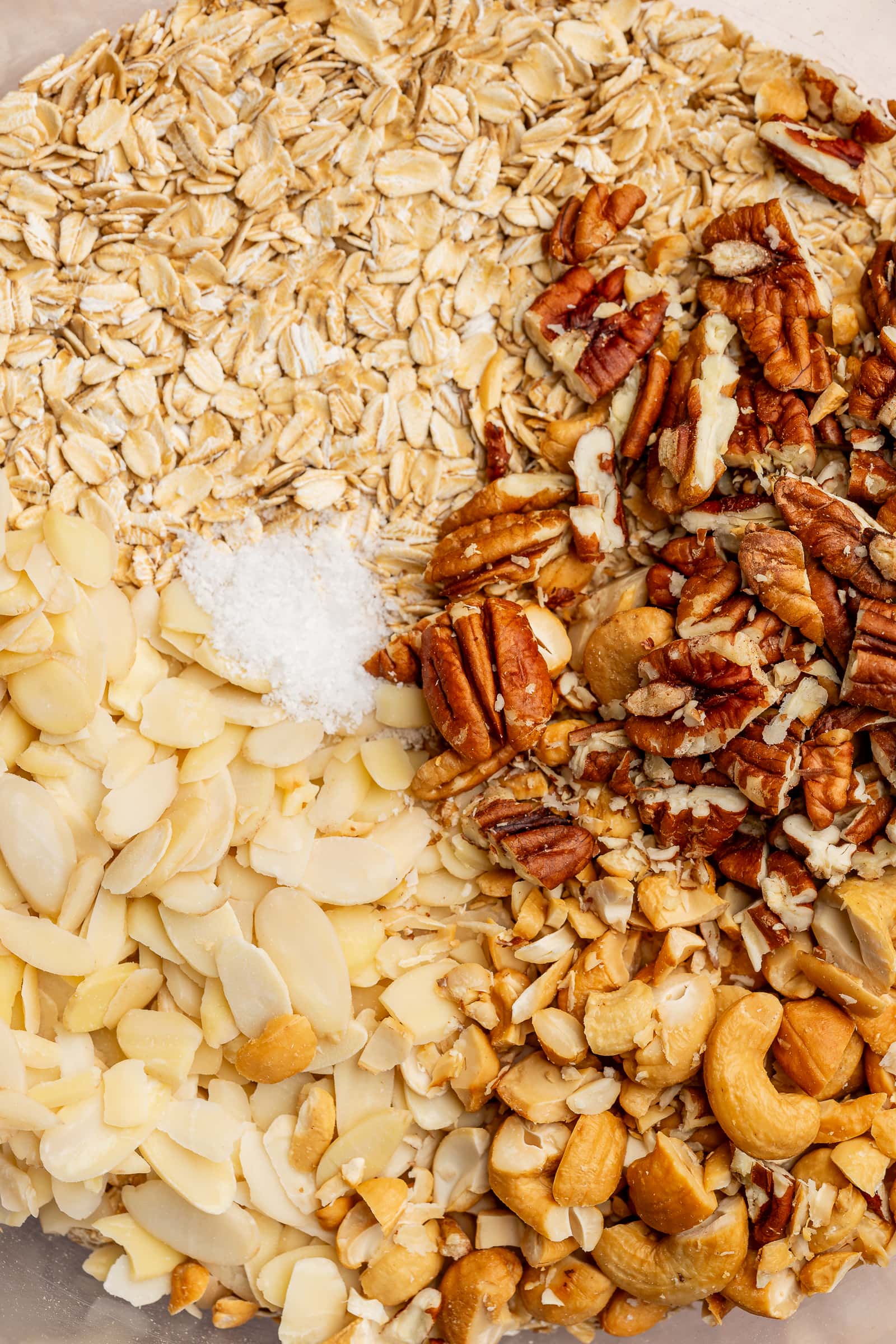 Oats, salt, and mixed nuts in a large bowl.
