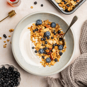 Granola yogurt bowl with fresh blueberries with a drizzle of maple syrup.
