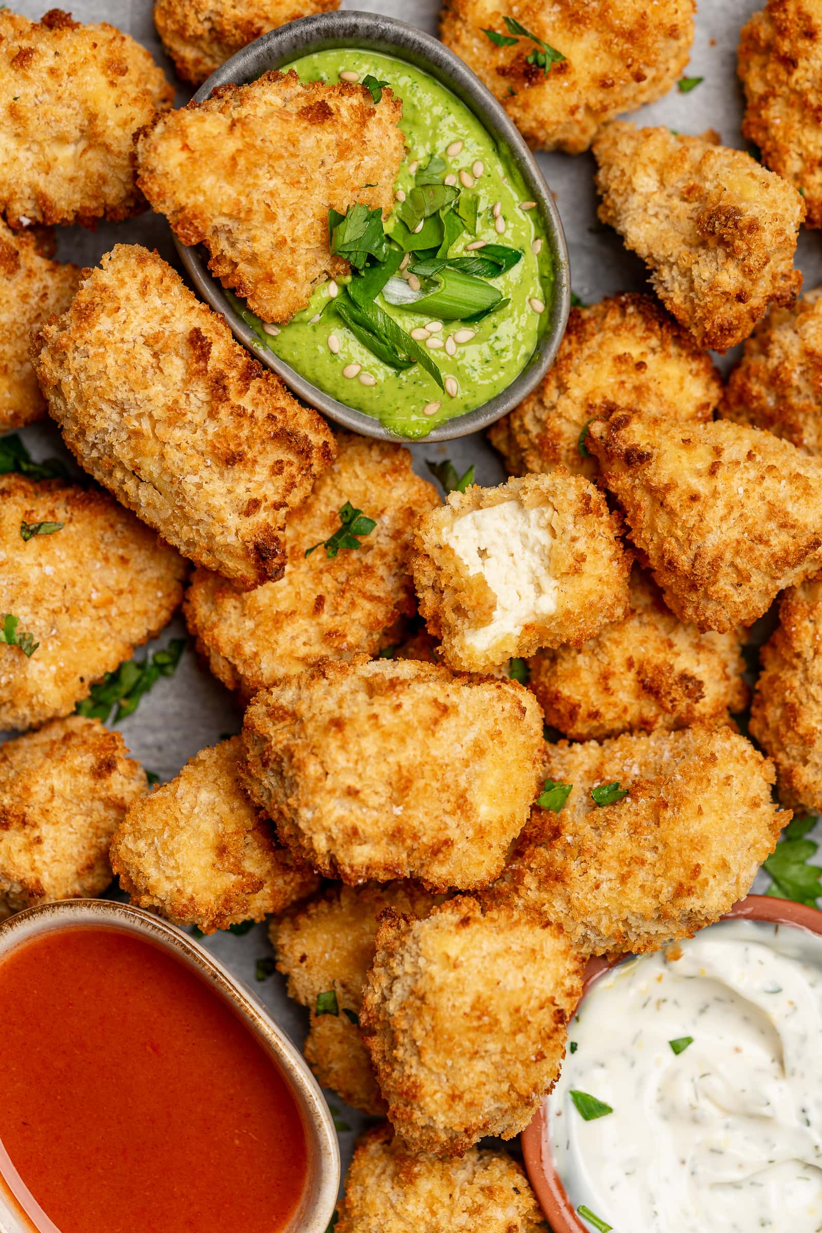 Tofu nuggets with a trio of sauces.