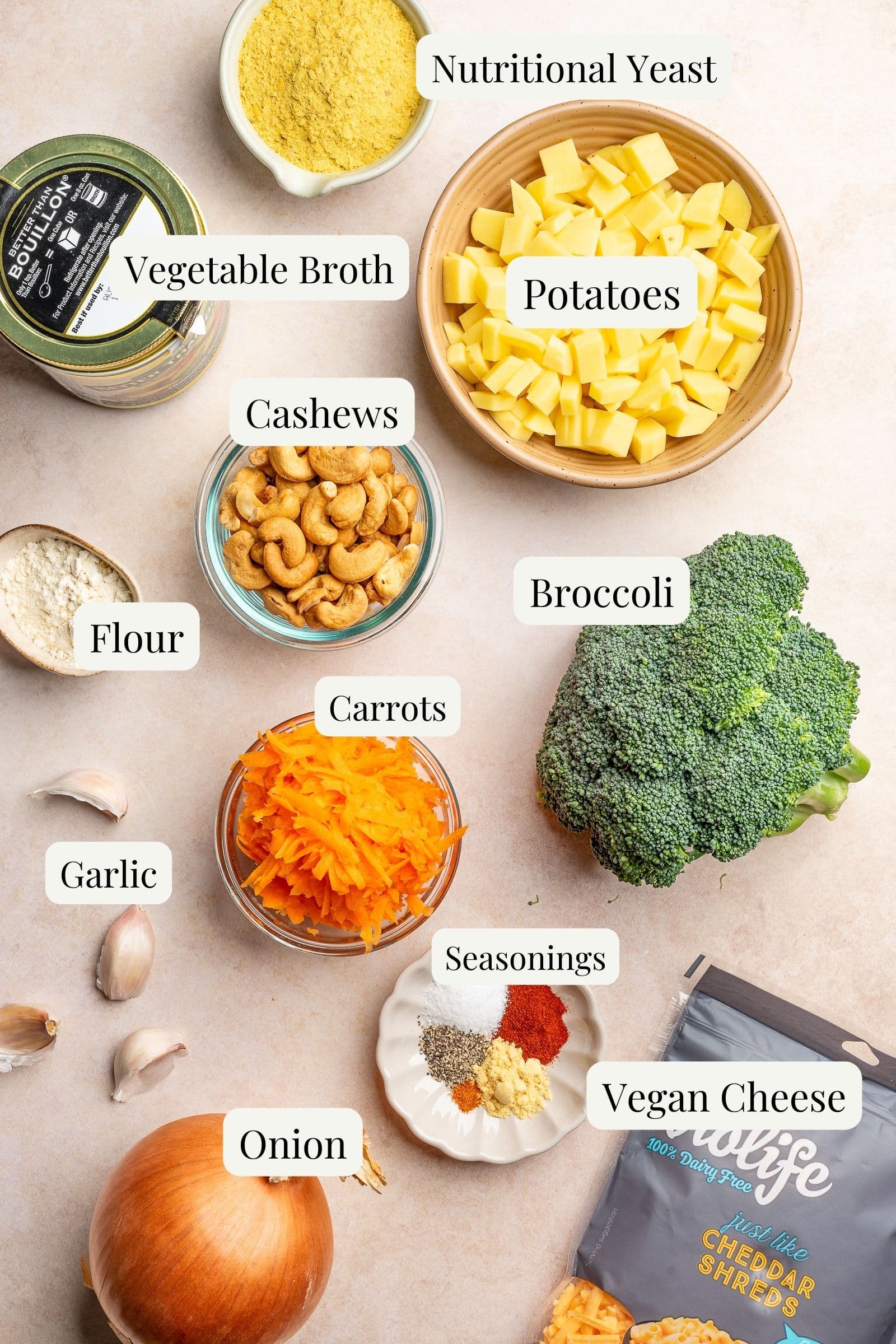 Labeled ingredients for broccoli cheese soup.