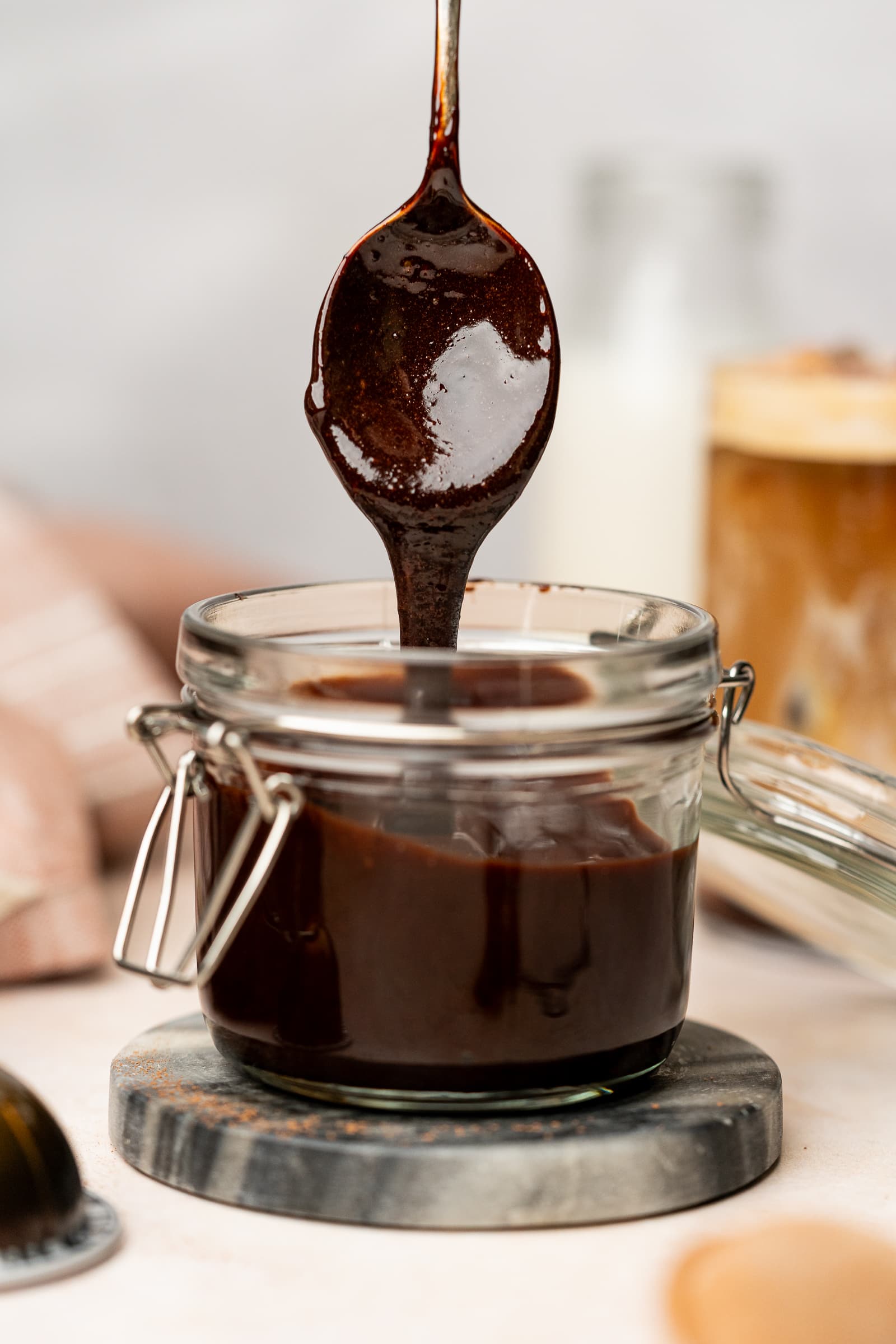 Chocolate sauce in a jar.