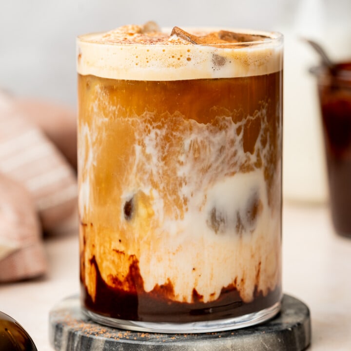 Mocha latte in a glass cup.