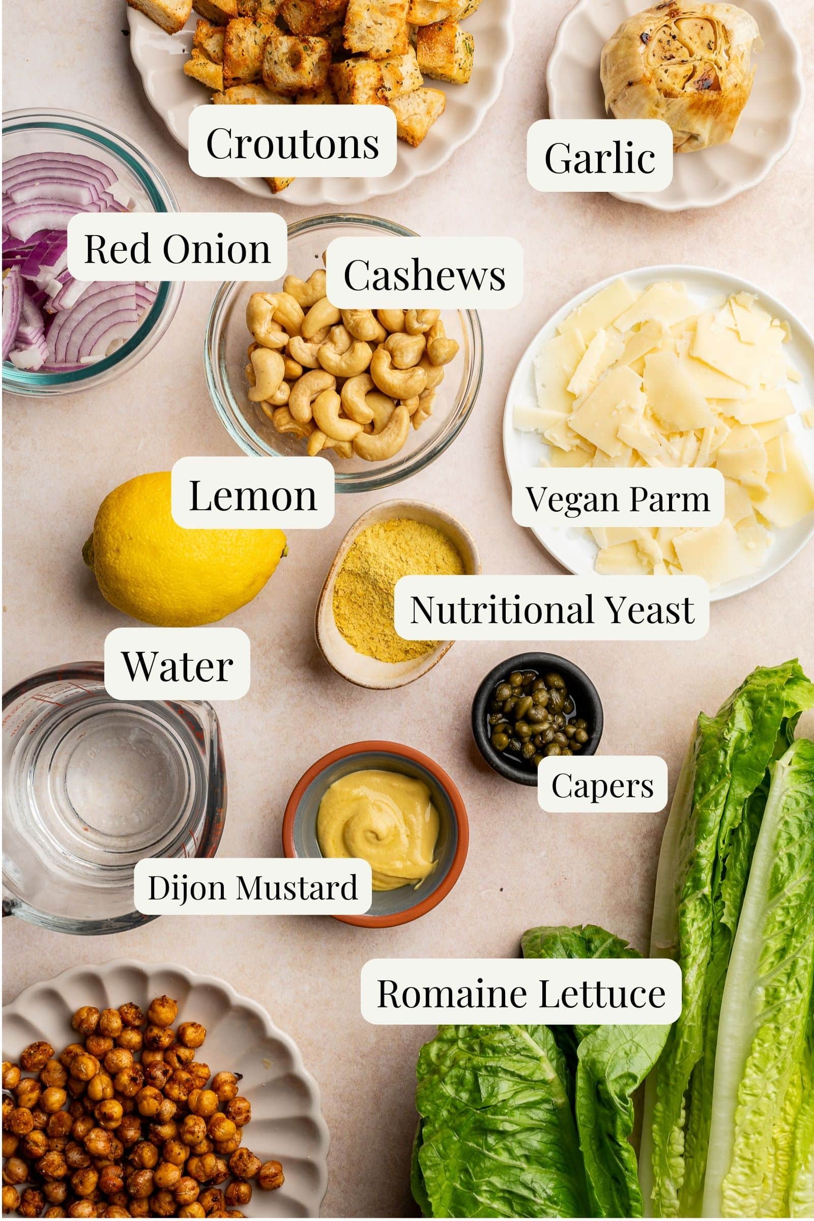 Labeled ingredients for vegan caesar salad.