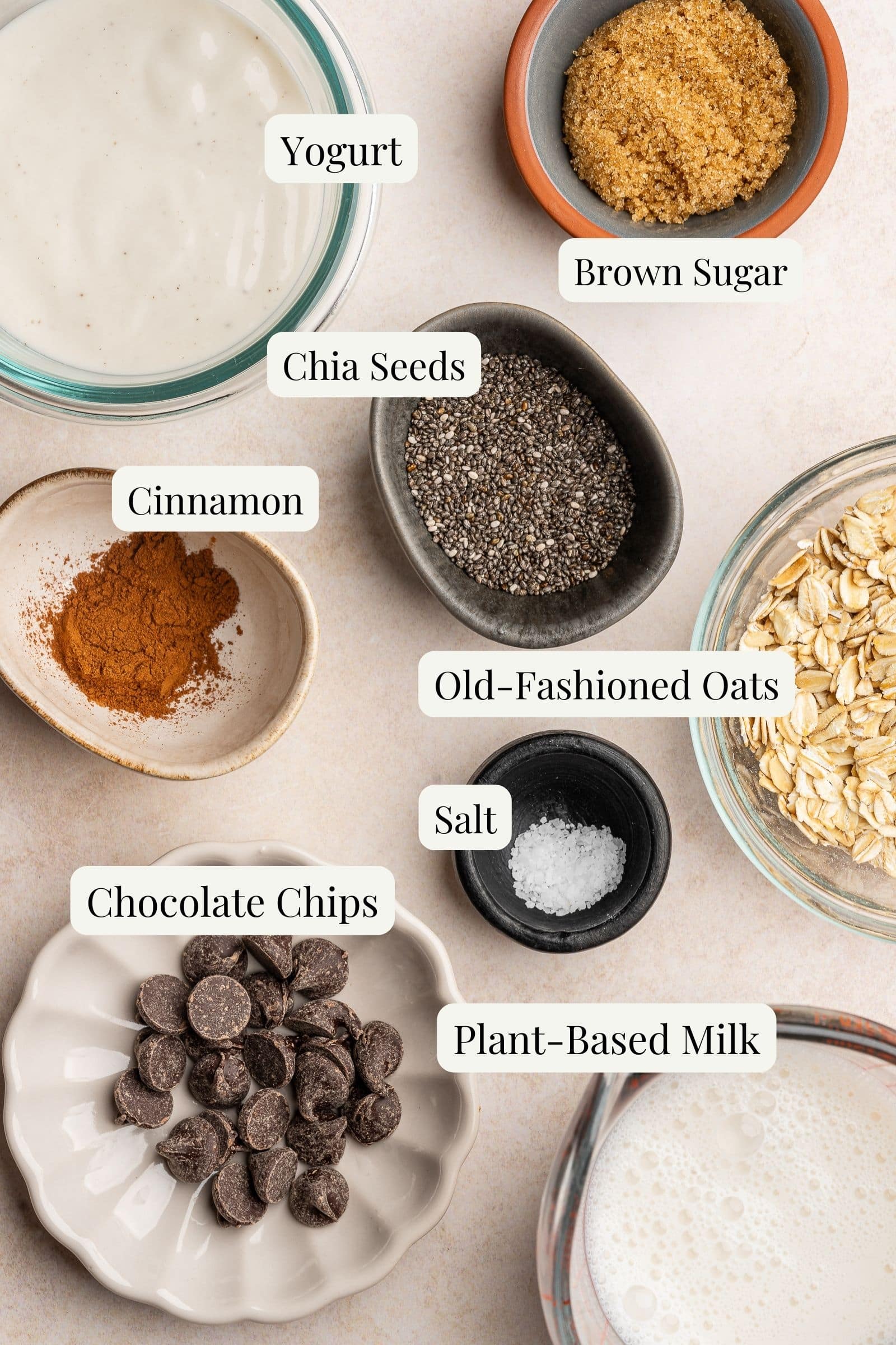 Labeled ingredients for cookie dough oatmeal.