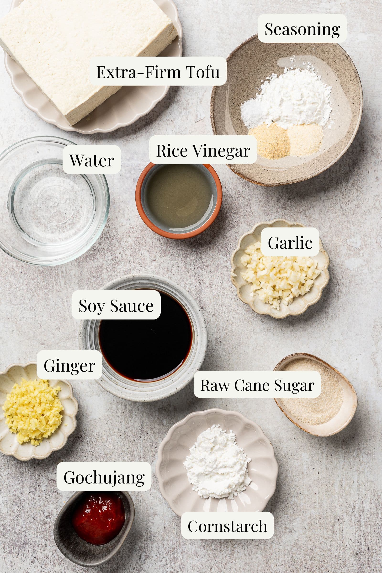 Labeled ingredients for sticky tofu.