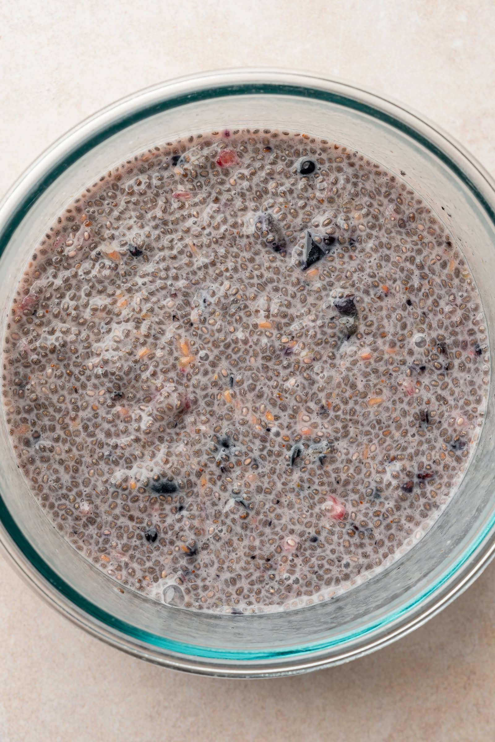 Berry chia pudding after being in the fridge overnight to soak.
