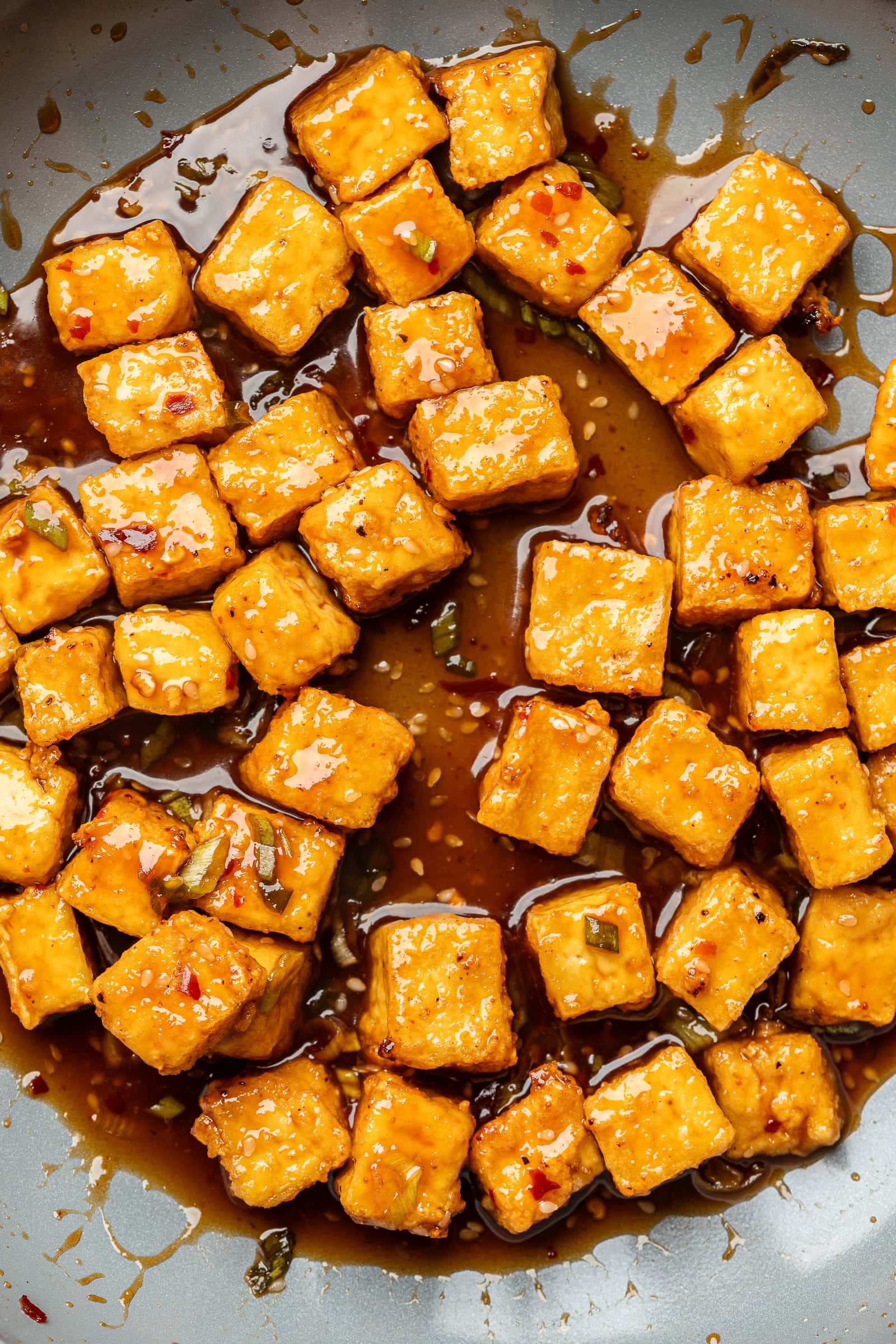 Sweet chili tofu in pan.