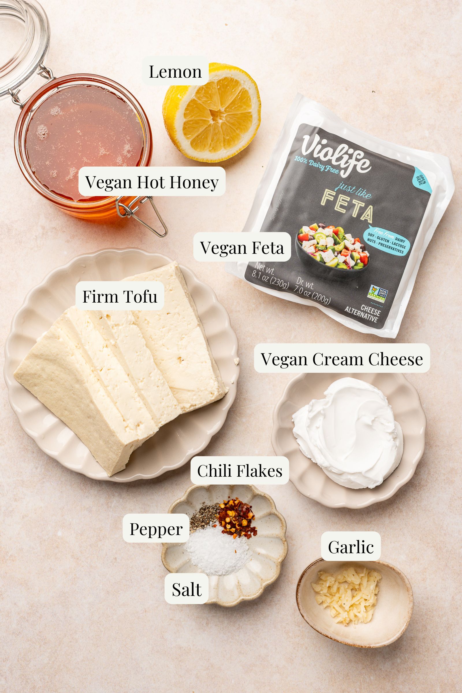Labeled ingredients for vegan whipped feta.
