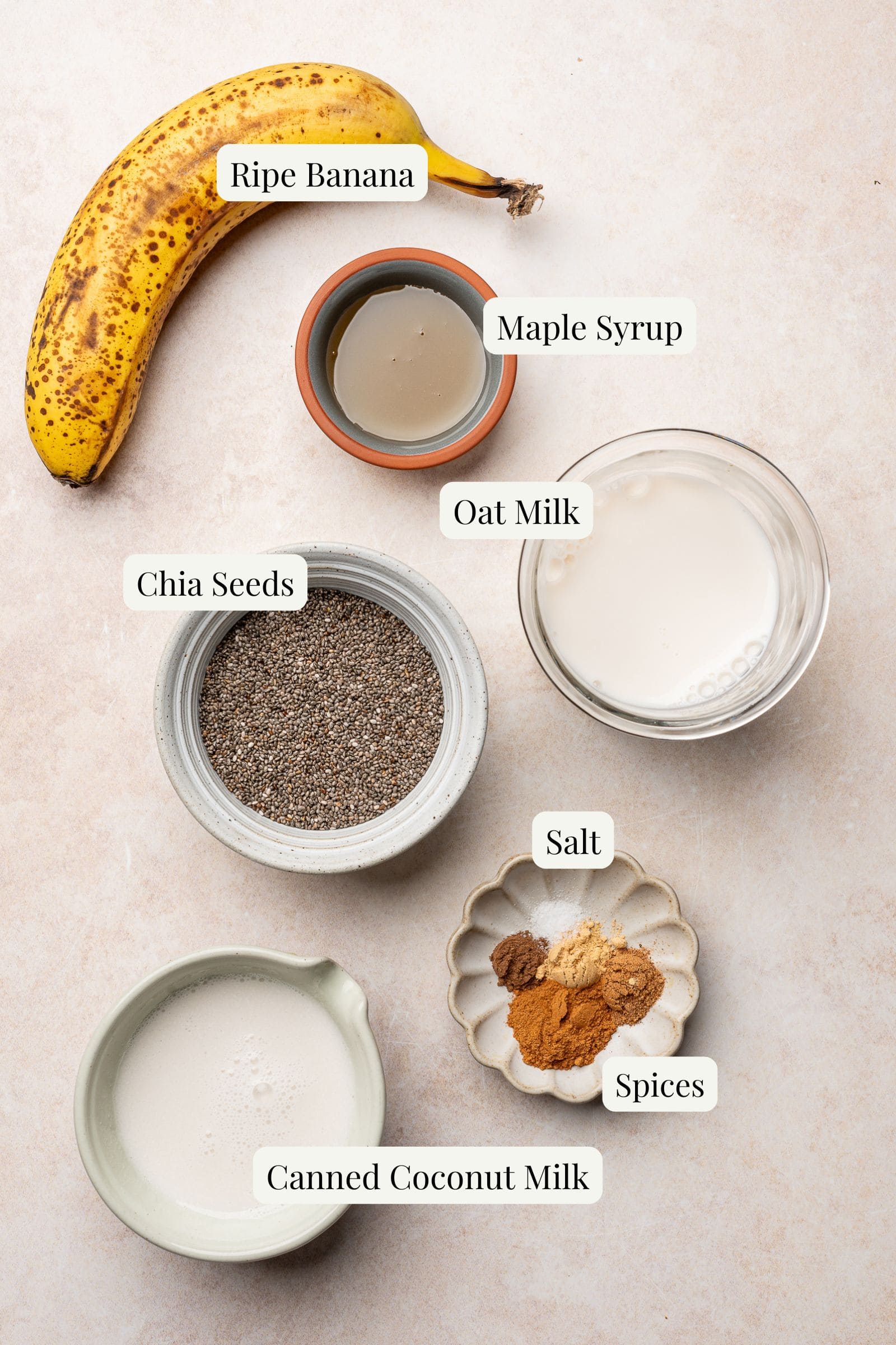 Labeled ingredients for banana chia pudding.