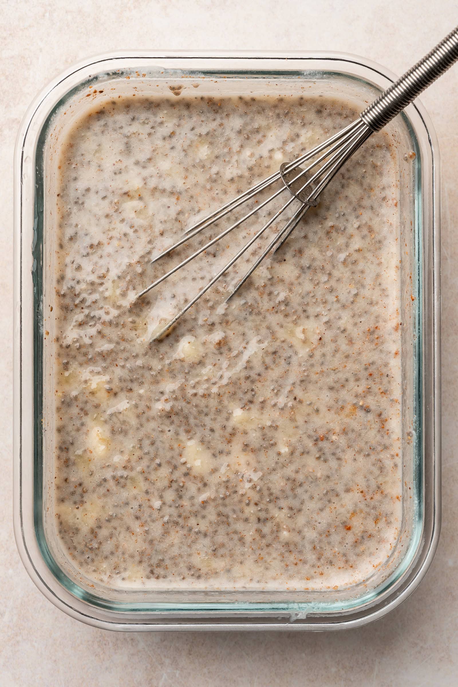 After 10 minutes, chia pudding is mixed again, appearing much thicker.