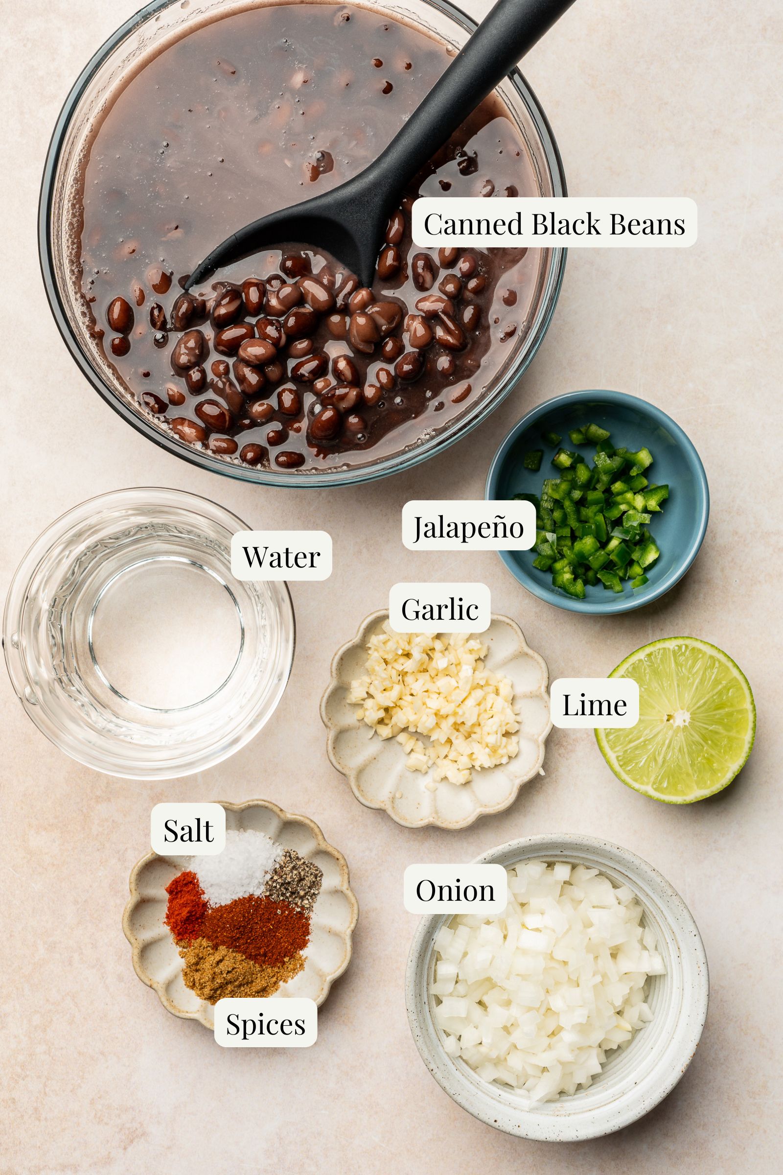 Labeled ingredients for refried black beans.