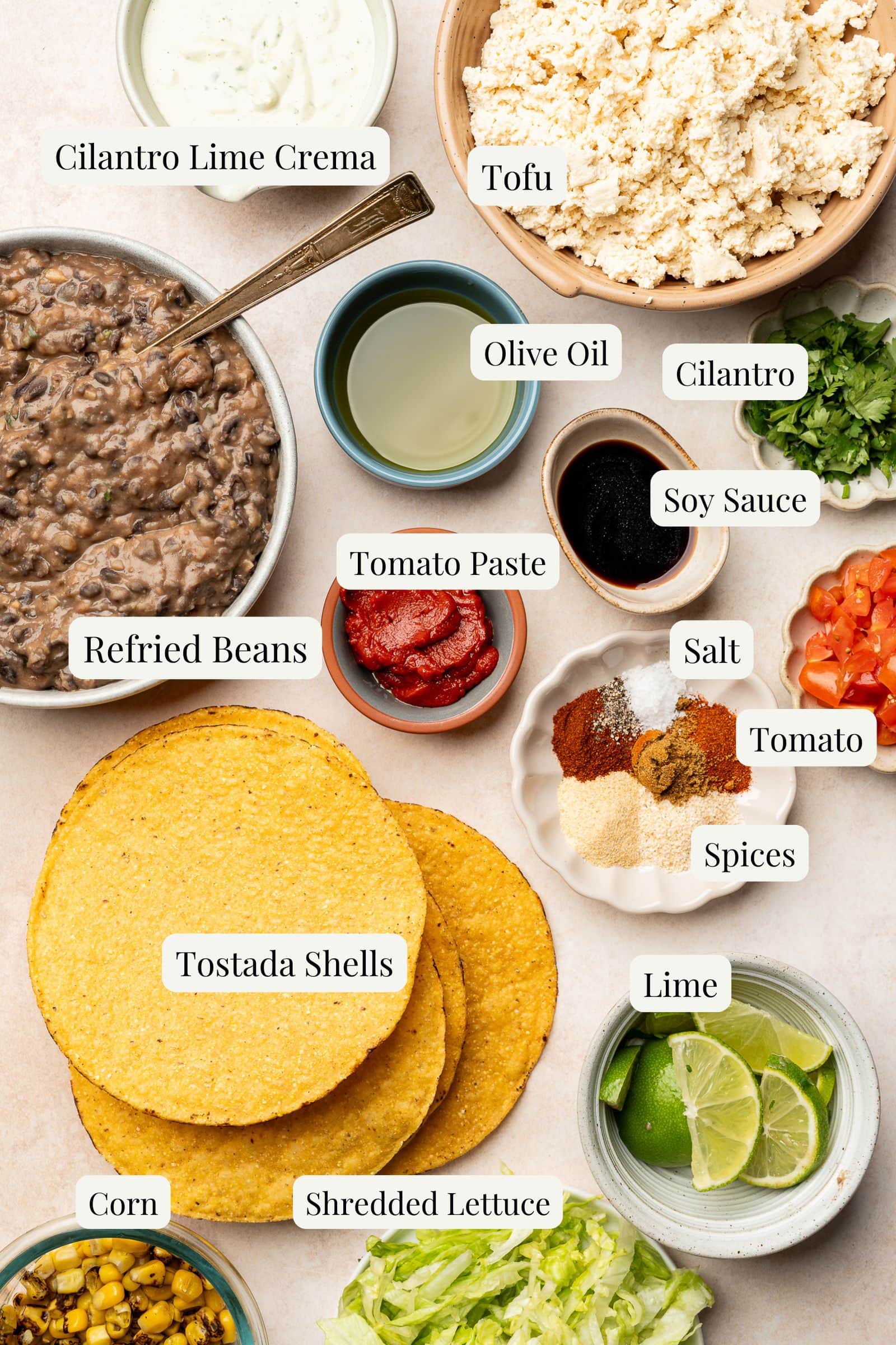 Labeled ingredients for tofu tostadas.
