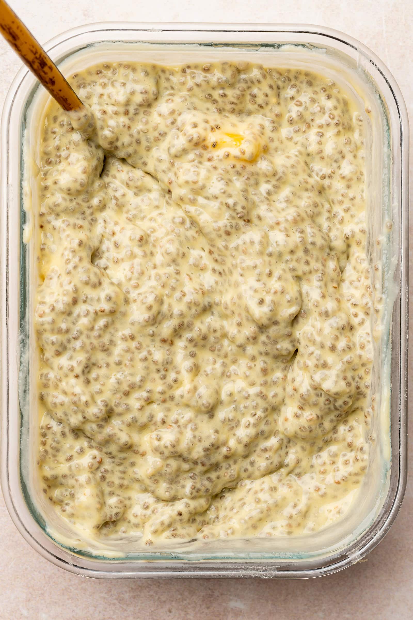 Thickened chia pudding in container.
